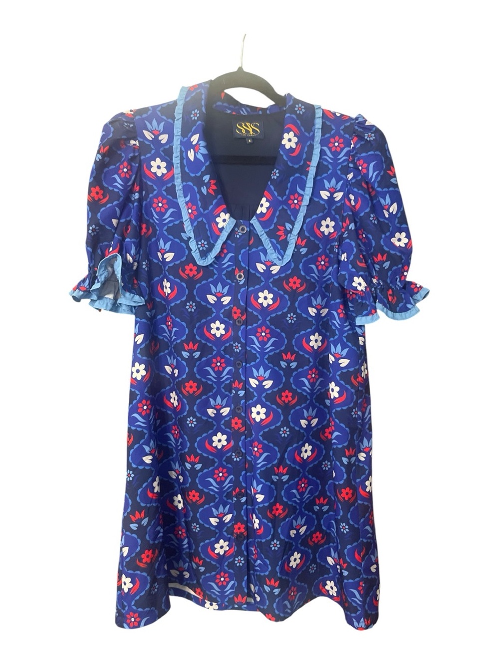 SSYS Gemma Peter Pan Collared Dress In Royal Light Blue Scallop Floral - Picture 5 of 8